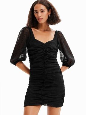 Desigual Black Ruched Puff-Sleeve Mini Dress